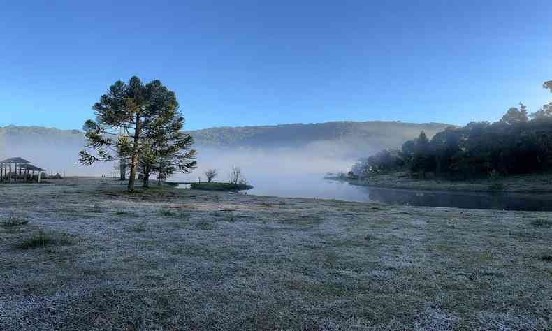 campo verde com geada ao fundo 