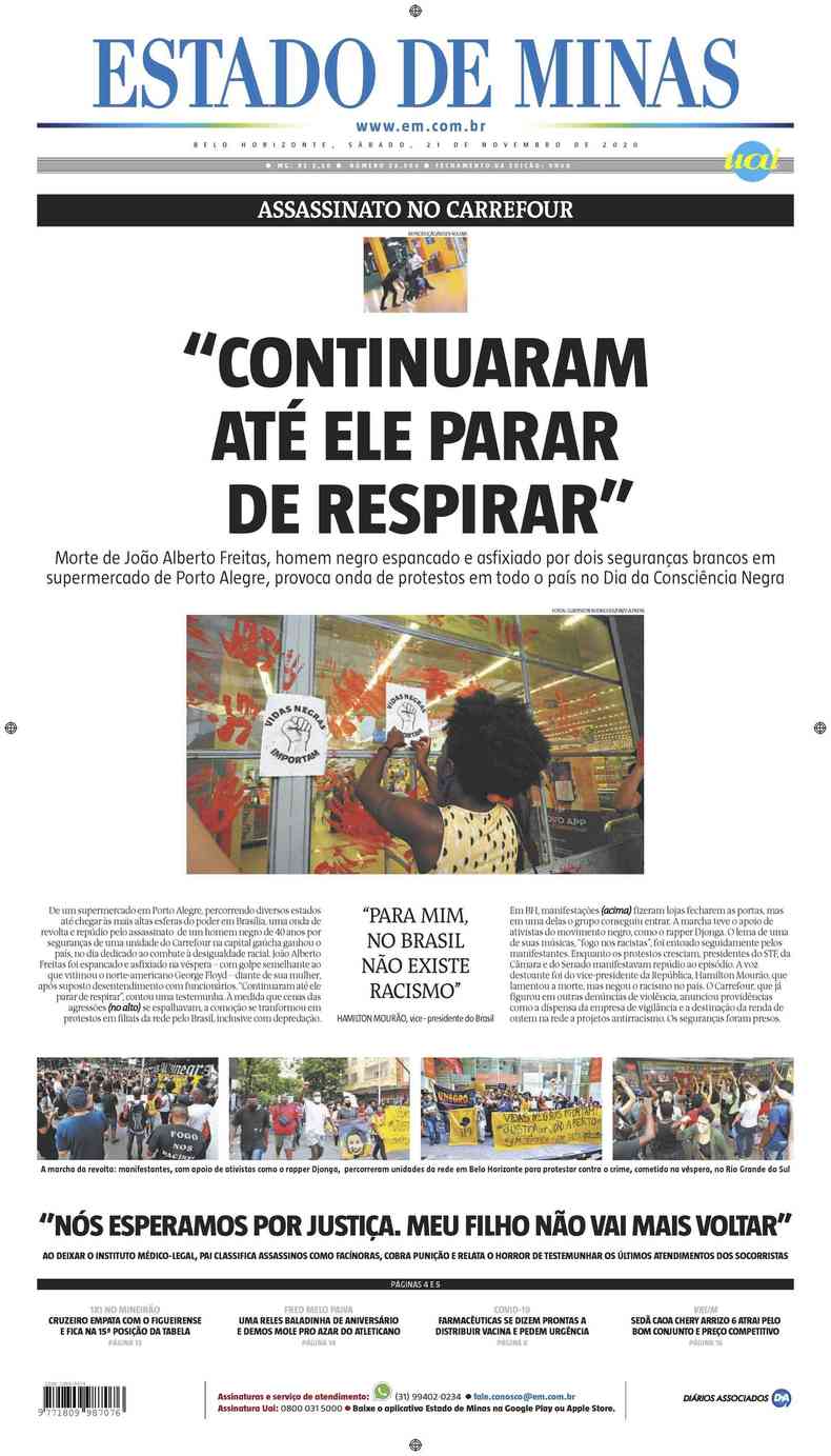 Confira a Capa do Jornal Estado de Minas do dia 21/11/2020(foto: Estado de Minas)