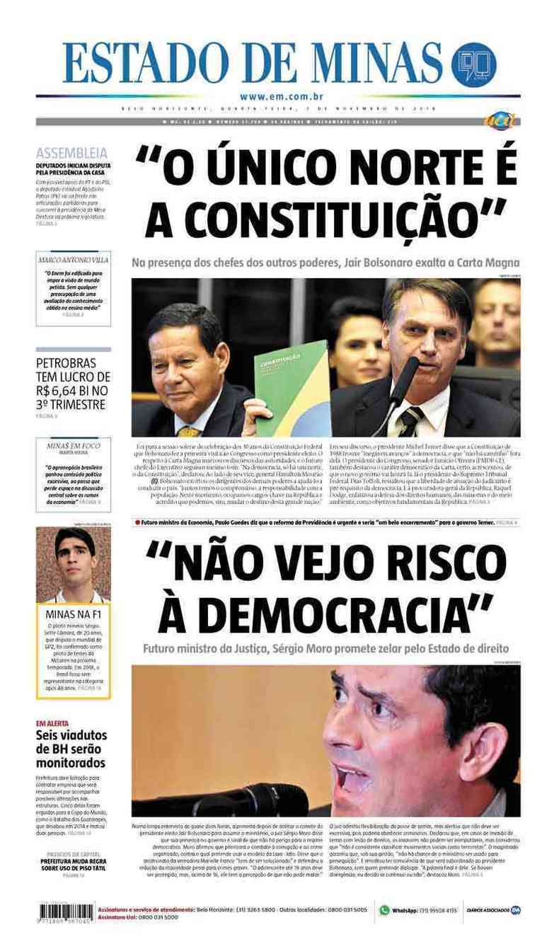 Confira a Capa do Jornal Estado de Minas do dia 07/11/2018(foto: Estado de Minas)