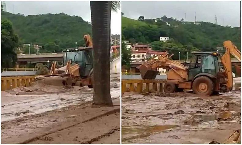 Trator joga lama e lixo no rio para liberar via em Sabará