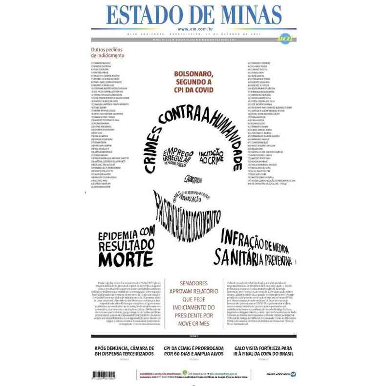 Capa do jornal Estado de Minas do dia 27/10/2021, trazendo a imagem de Bolsonaro composta pelos crimes que ele cometeu durante a pandemia