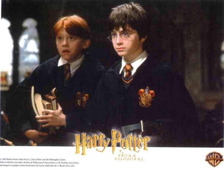 O ator Daniel Radcliffe, no papel de Harry Potter, segura um falco no filme 'Harry Potter e a pedra filosofal'