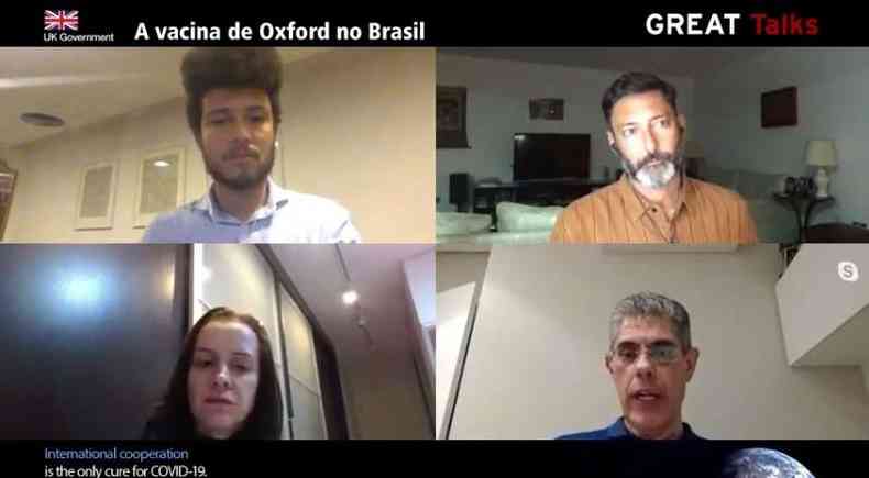 Em live no Youtube, Embaixador Britnico no Brasil, Vijay Rangarajan, e os mdicos da Astrazeneca Brasil, Maria Augusta Bernardini e Jorge Mazzei, deram detalhes da pesquisa(foto: Youtube/Reproduo)