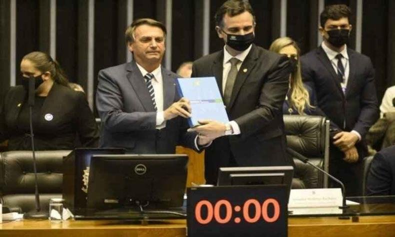 Bolsonaro e Rodrigo Pacheco durante sess�o de abertura dos trabalhos do ano legislativo no Congresso