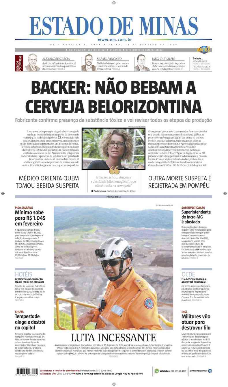 Confira a Capa do Jornal Estado de Minas do dia 15/01/2020(foto: Estado de Minas)