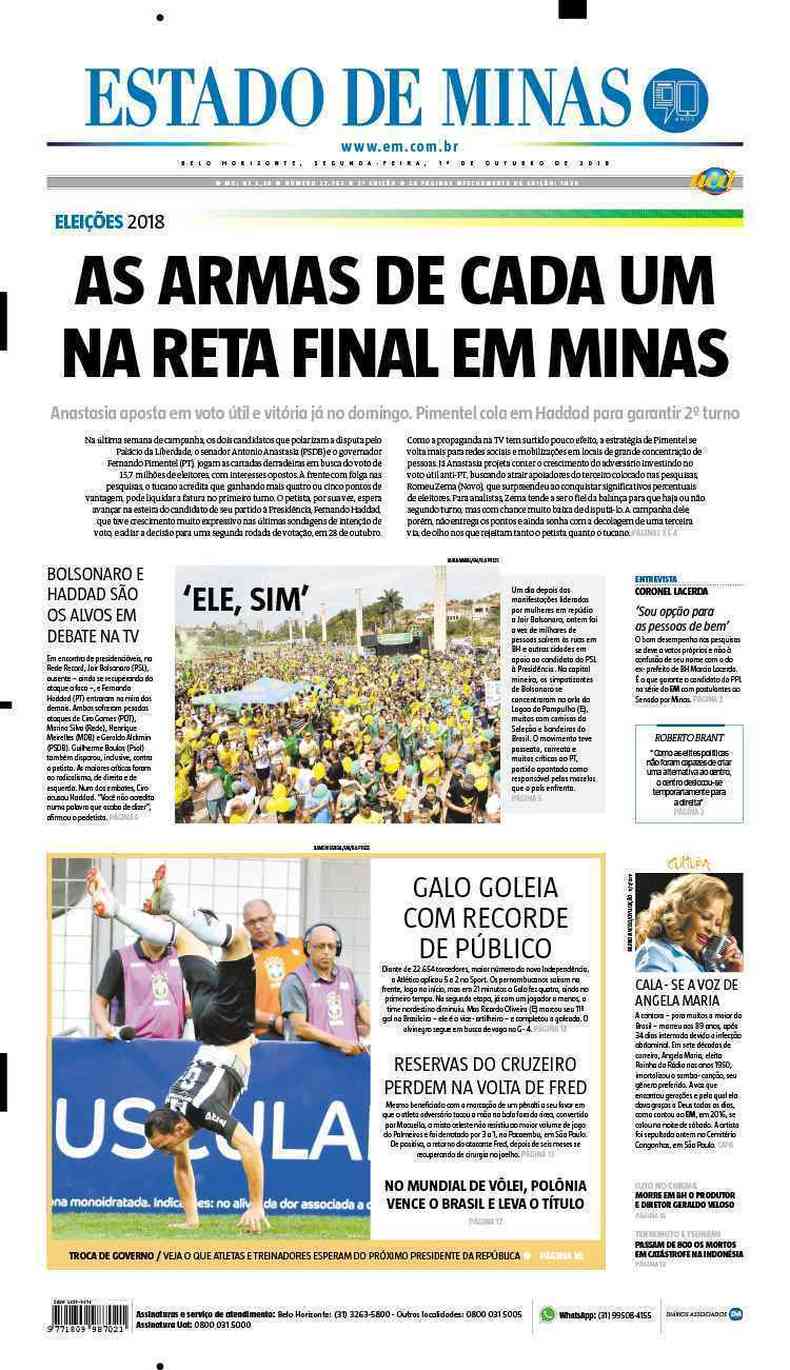 Confira a Capa do Jornal Estado de Minas do dia 01/10/2018(foto: Estado de Minas)