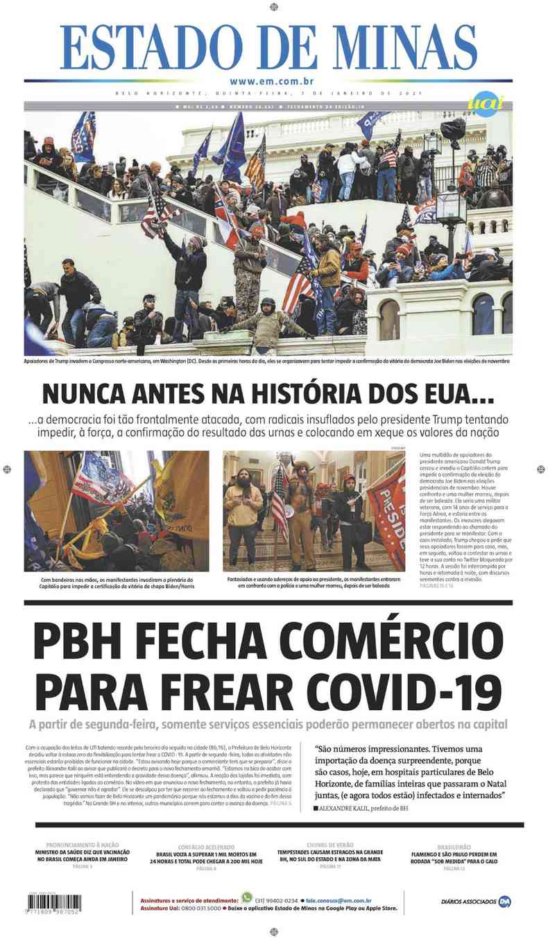 Confira a Capa do Jornal Estado de Minas do dia 07/01/2021(foto: Estado de Minas)