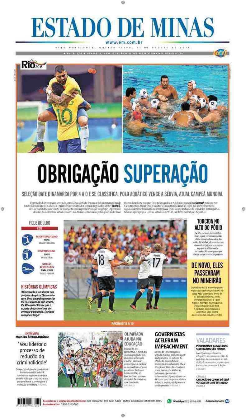 Confira a Capa do Jornal Estado de Minas do dia 11/08/2016