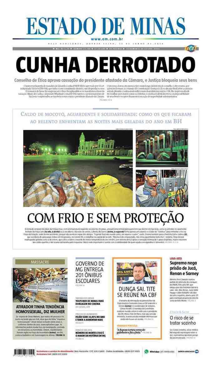 Confira a Capa do Jornal Estado de Minas do dia 15/06/2016