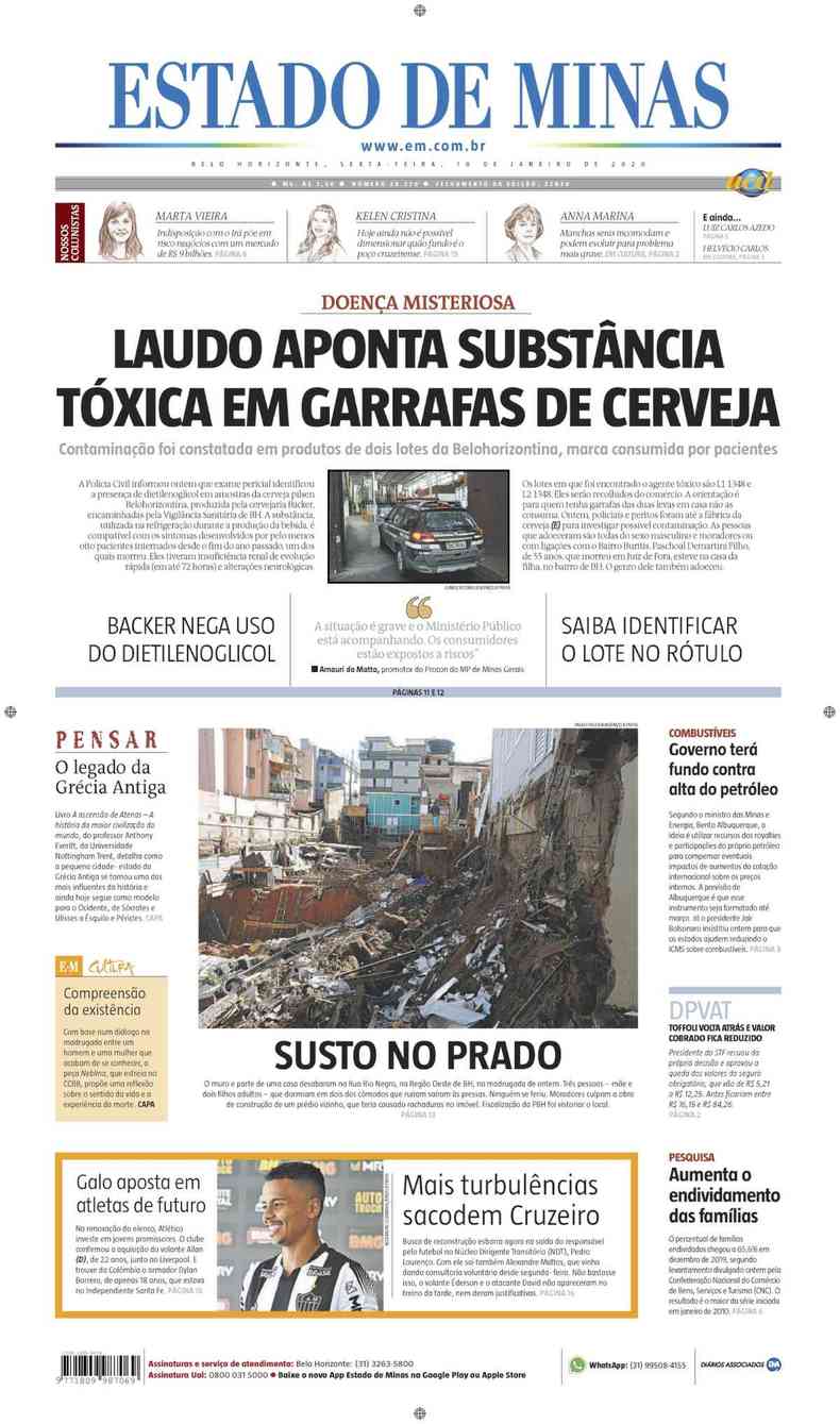 Confira a Capa do Jornal Estado de Minas do dia 10/01/2020(foto: Estado de Minas)