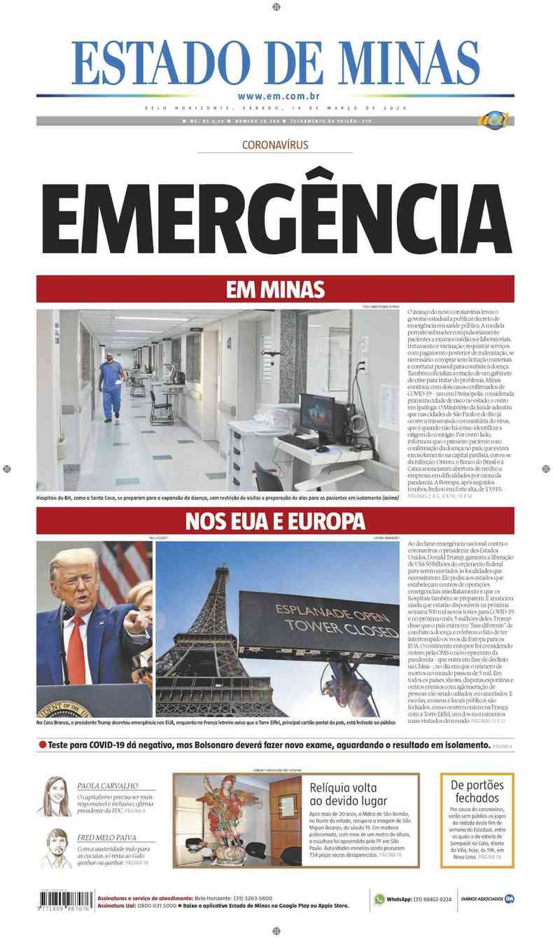 Confira a Capa do Jornal Estado de Minas do dia 14/03/2020(foto: Estado de Minas)