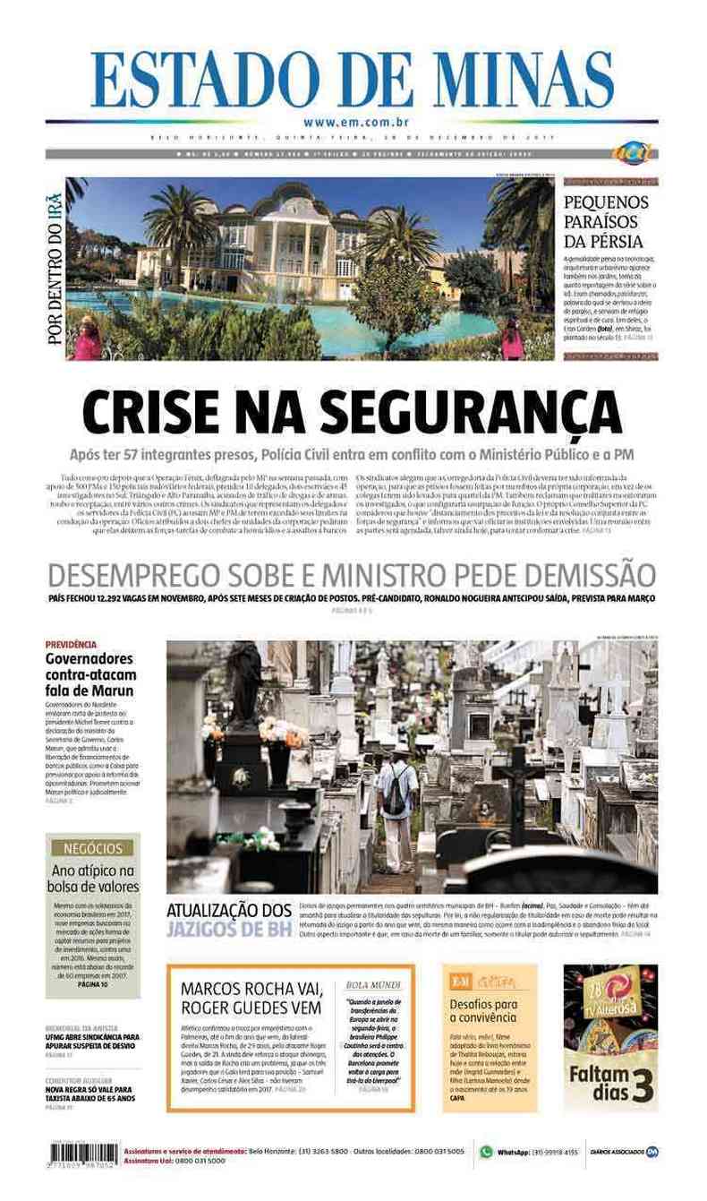 Confira a Capa do Jornal Estado de Minas do dia 28/12/2017