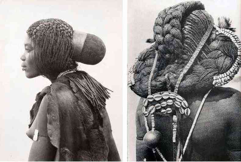 Montagem de fotos em preto e branco retratando mulheres da tribo Mbalantu, com foco em seus penteados com tranas