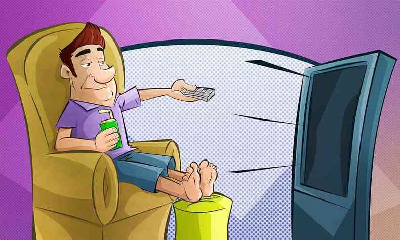 Ilustrao mostra homem com cara de preguia, sentado na poltrona em frente a TV 
