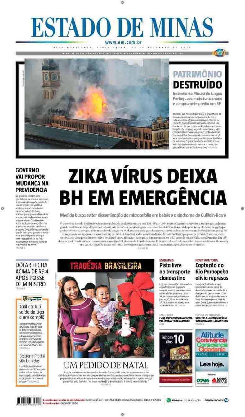 Confira a Capa do Jornal Estado de Minas do dia 22/12/2015