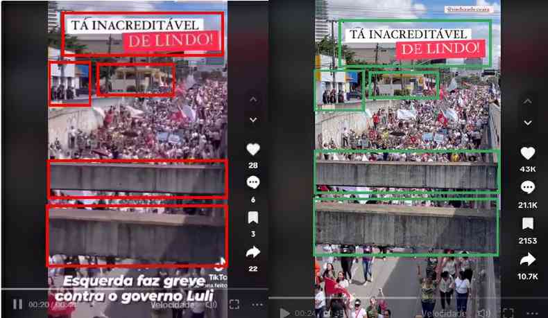 Comparao feita em 21 de setembro de 2023 entre capturas de tela do vdeo viral (E) e a gravao publicada no TikTok em 29 de junho de 2023