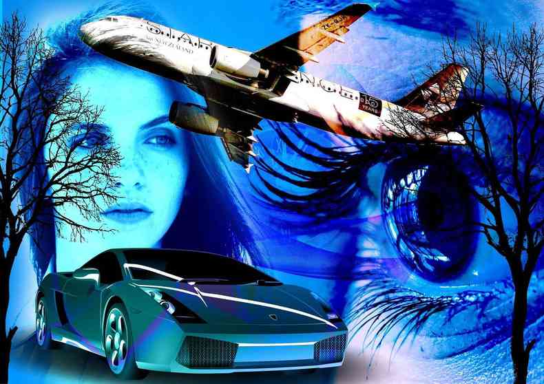 Imagem mostra mulher, carro importado e avião sob o ponto de vista de um olhar