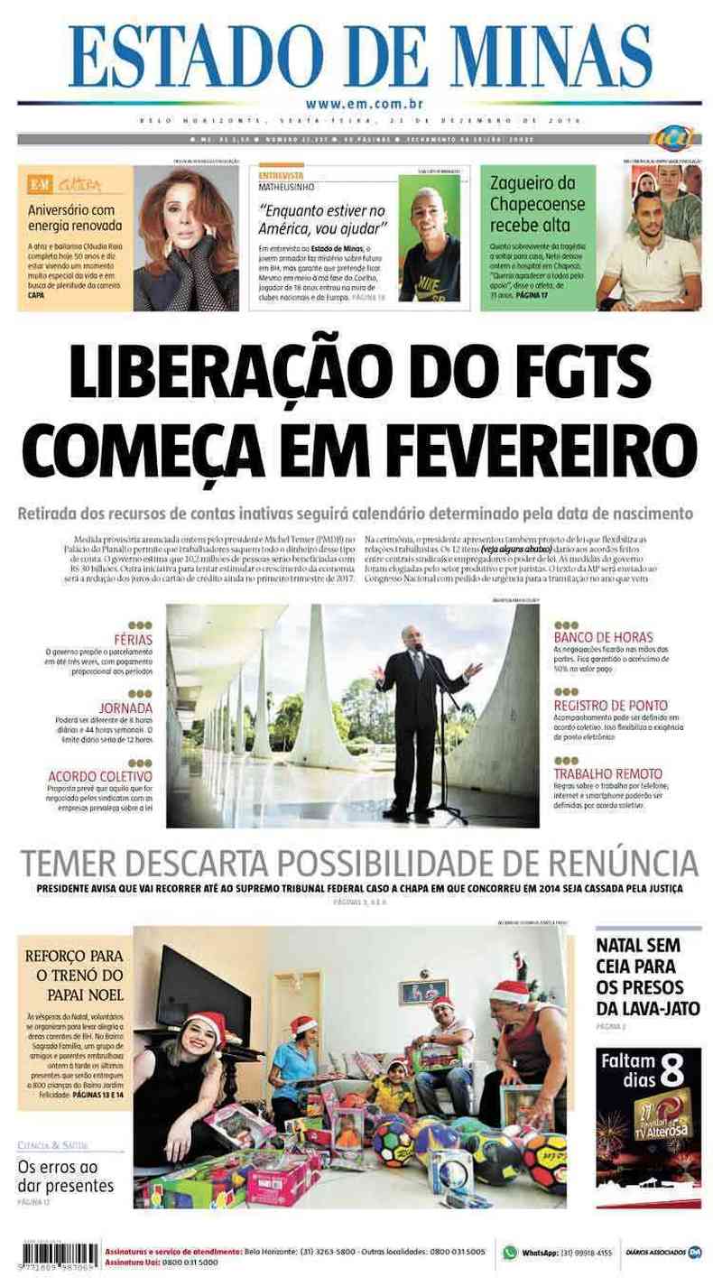 Confira a Capa do Jornal Estado de Minas do dia 23/12/2016