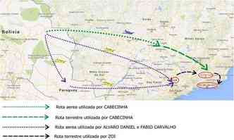 Mapa do trfico organizado pela polcia durante as investigaes. Na rota aparecem apelidos de alguns traficantes, cujas funes e papis na quadrilha sero apresentados pela PF ainda hoje(foto: Polcia Federal/Divulgao )