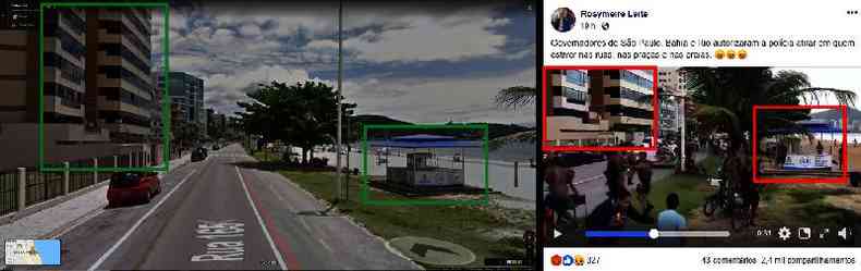 Comparao, feita em 14 de abril de 2020, entre imagem de satlite da Praia Central de Itapema disponibilizada no Google Maps (esquerda) e vdeo publicado no Facebook