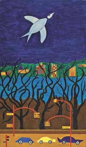 Obra em  Acrlico sobre carto, 26 x 34 cm, de Abdias Nascimento, chamada 'Riverside 1'