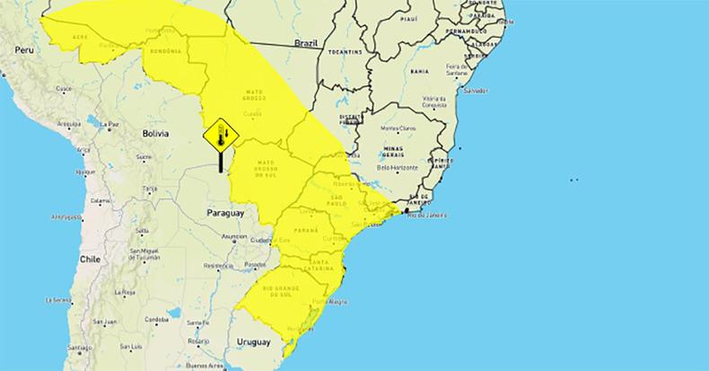 Mapa com zona de clima frio com rea de alerta de queda brusca de temperatura corta o Brasil chegando ao Tringulo e Sul