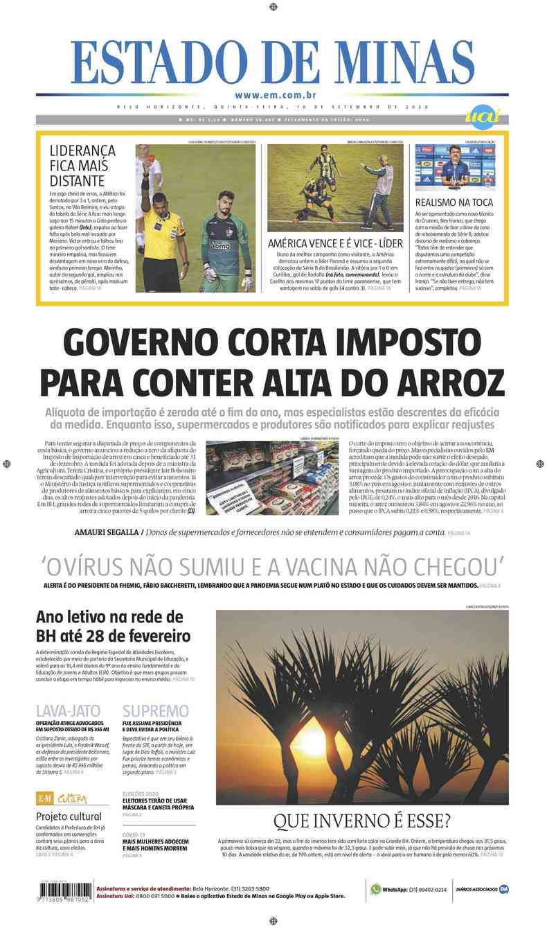 Confira a Capa do Jornal Estado de Minas do dia 10/09/2020(foto: Estado de Minas)