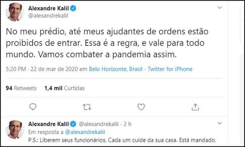 Prefeito de Belo Horizonte, Alexandre Kalil clamou por liberao de empregados domsticos(foto: Twitter/ Reproduo )