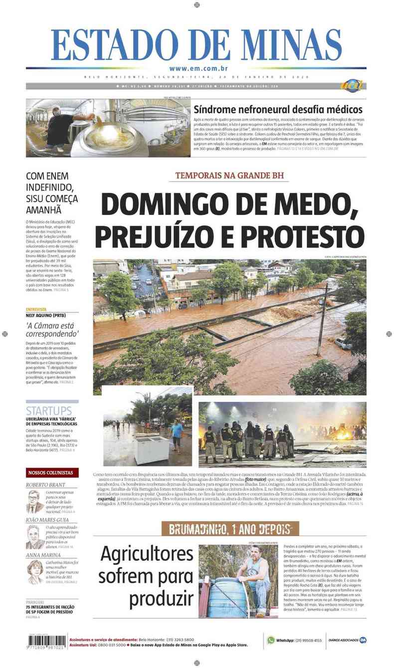 Confira a Capa do Jornal Estado de Minas do dia 20/01/2020(foto: Estado de Minas)