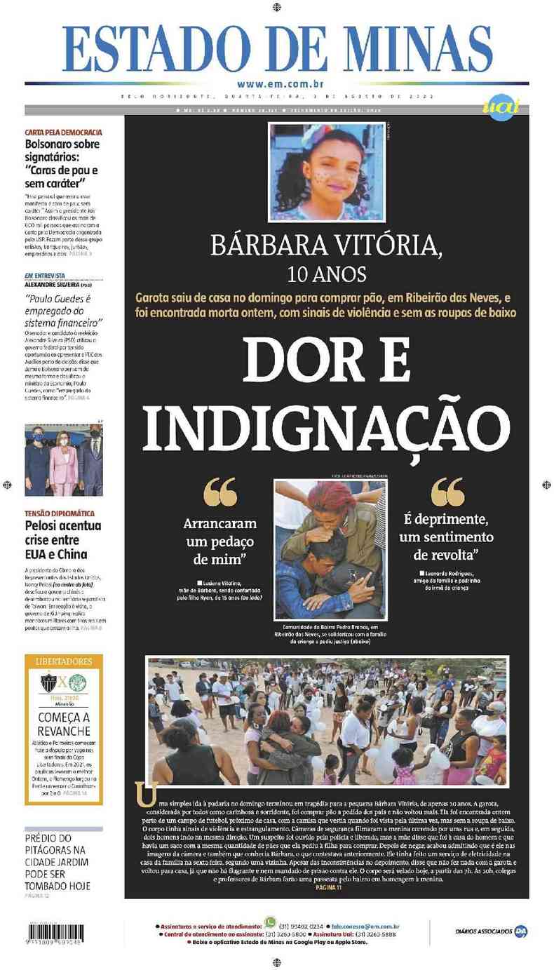Confira a Capa do Jornal Estado de Minas do dia 03/08/2022