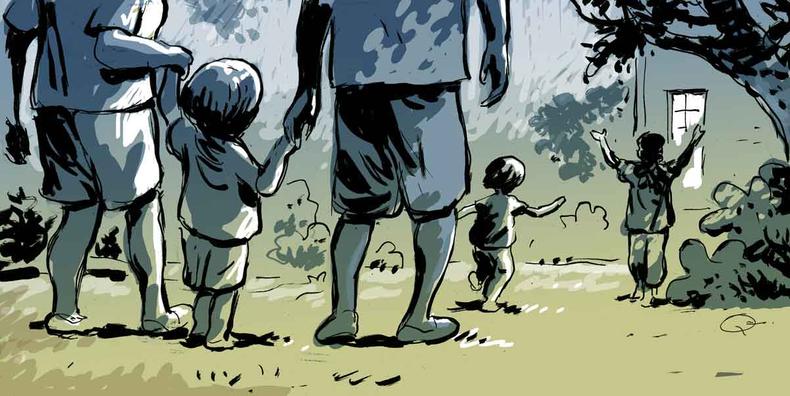 ilustrao mostra adultos segurando mo de criana e garotos felizes em correr no jardim