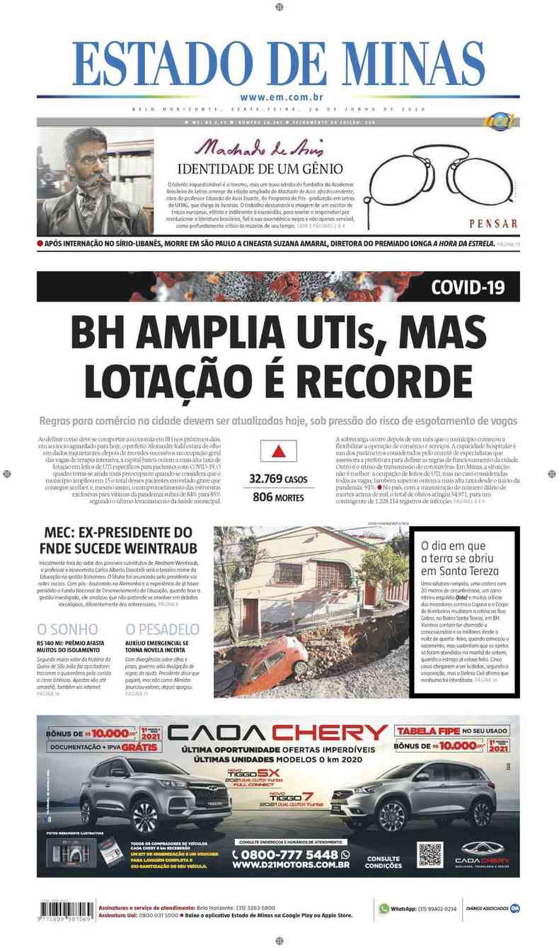 Confira a Capa do Jornal Estado de Minas do dia 26/06/2020(foto: Estado de Minas)