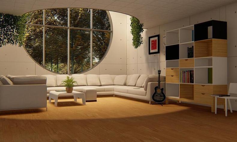 A biofilia é uma forma de incluir elementos naturais nos espaços(foto: Muntzir Mehdi/Pixabay ) sala com vista da natureza externa diante de uma janela redonda enorme, atrás do sofá