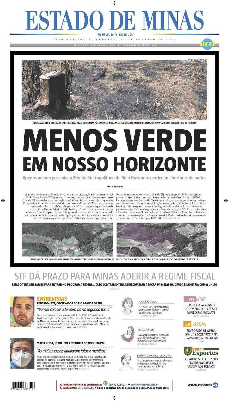 Confira a Capa do Jornal Estado de Minas do dia 17/10/2021