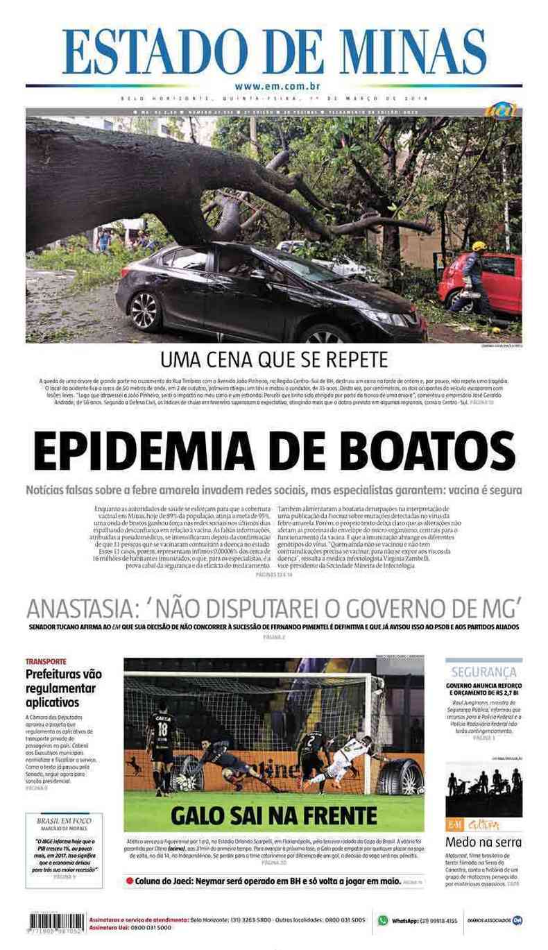 Confira a Capa do Jornal Estado de Minas do dia 01/03/2018
