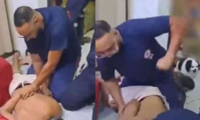 funcionrio do Samu agredindo homem, d para ver ele desferindo os golpes com o punho cerrado e brao levantado