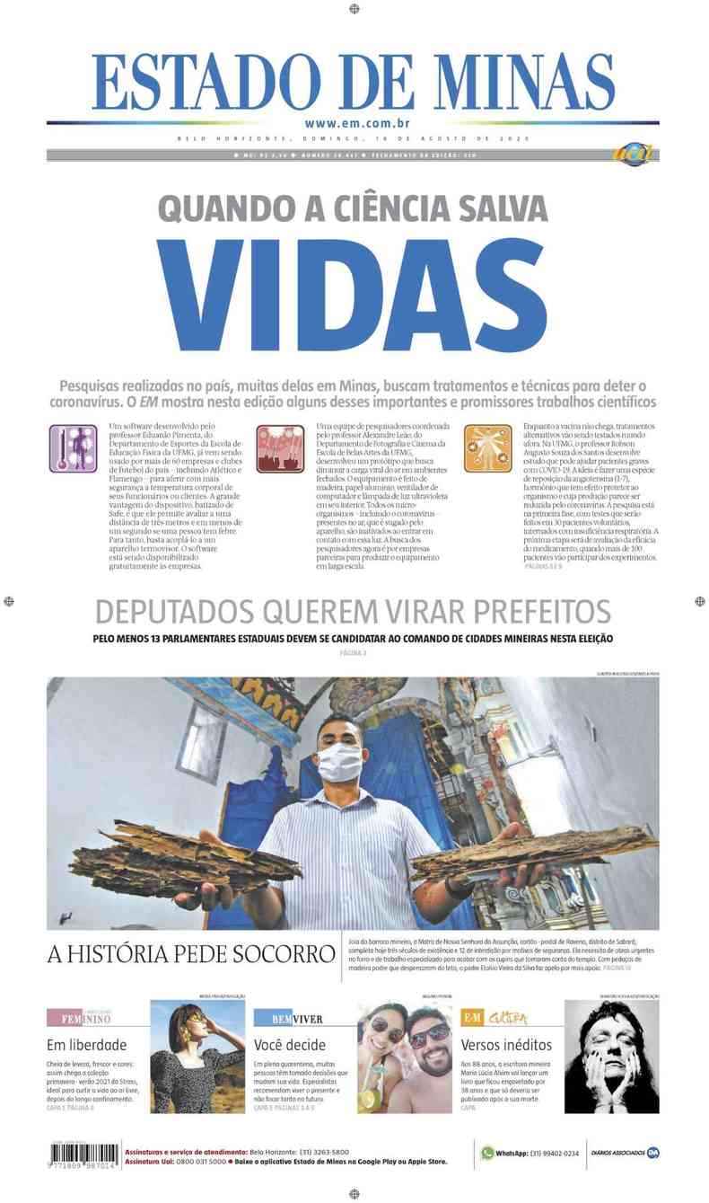 Confira a Capa do Jornal Estado de Minas do dia 16/08/2020(foto: Estado de Minas)