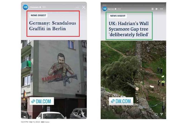 Comparao entre capturas de tela de uma publicao no X (E) e um story no Instagram da DW de 27 de setembro de 2023