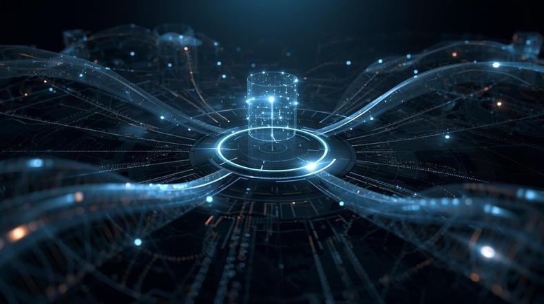 Em tons de azul e preto, com um design futurista com tra�os iluminados e tecnol�gicos, com um c�rculo no centro.