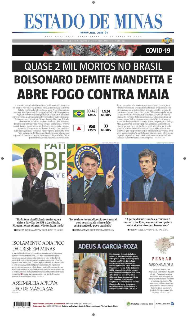 Confira a Capa do Jornal Estado de Minas do dia 17/04/2020(foto: Estado de Minas)