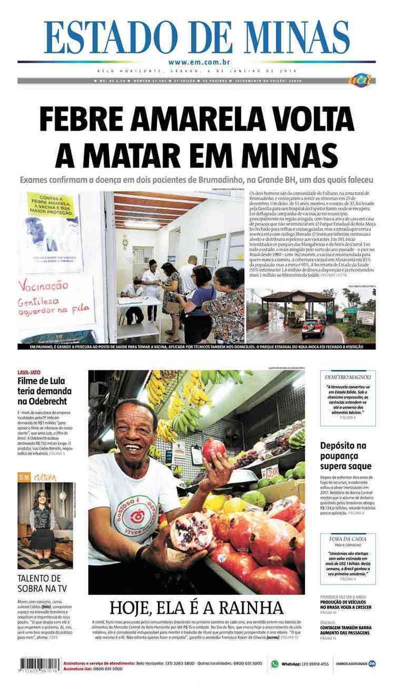 Confira a Capa do Jornal Estado de Minas do dia 06/01/2018
