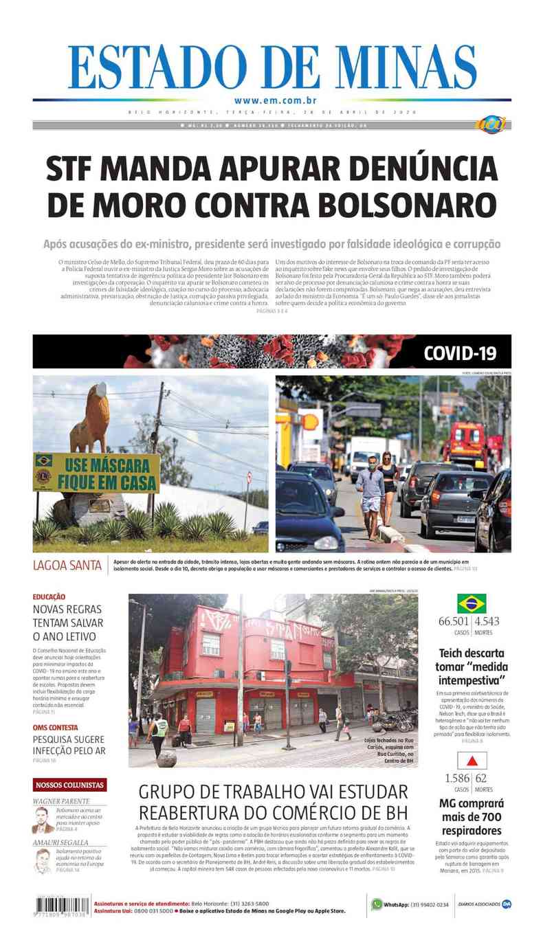 Confira a Capa do Jornal Estado de Minas do dia 28/04/2020(foto: Estado de Minas)