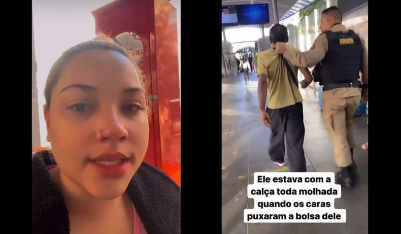 Printscreens dos vdeos feito pela jovem, o primeiro com o rosto dela, o segundo com o agressor sendo conduzido pela PM.
