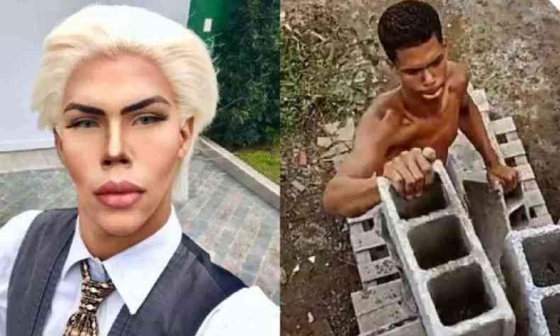 Montagem de duas fotos lado a lado. a primeira mostra Felipe Adam caracterizado como o boneco Ken, usando maquiagem, peruca loira e terno. A segunda mostra Felipe sem caracterizao e sem camisa trabalhando como assistente de pedreiro carregando tijolos