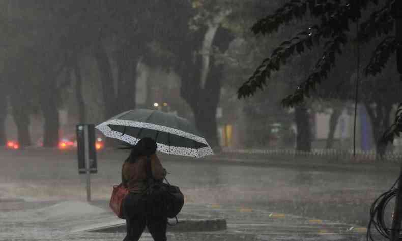 Mulher com guarda-chuva durante temporal em BH 