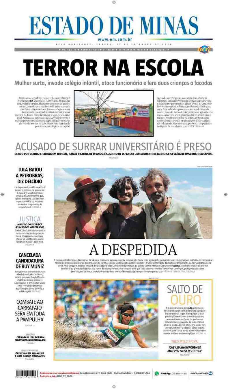 Confira a Capa do Jornal Estado de Minas do dia 17/09/2016