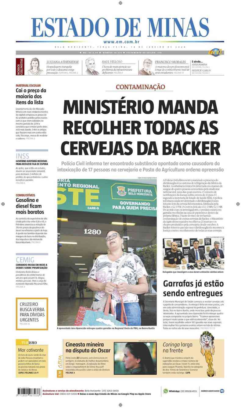Confira a Capa do Jornal Estado de Minas do dia 14/01/2020(foto: Estado de Minas)