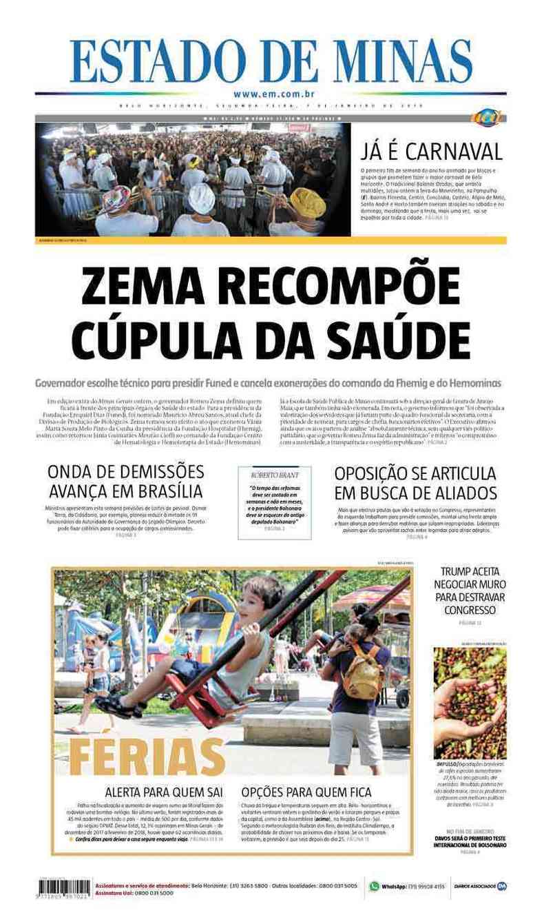 Confira a Capa do Jornal Estado de Minas do dia 07/01/2019(foto: Estado de Minas)