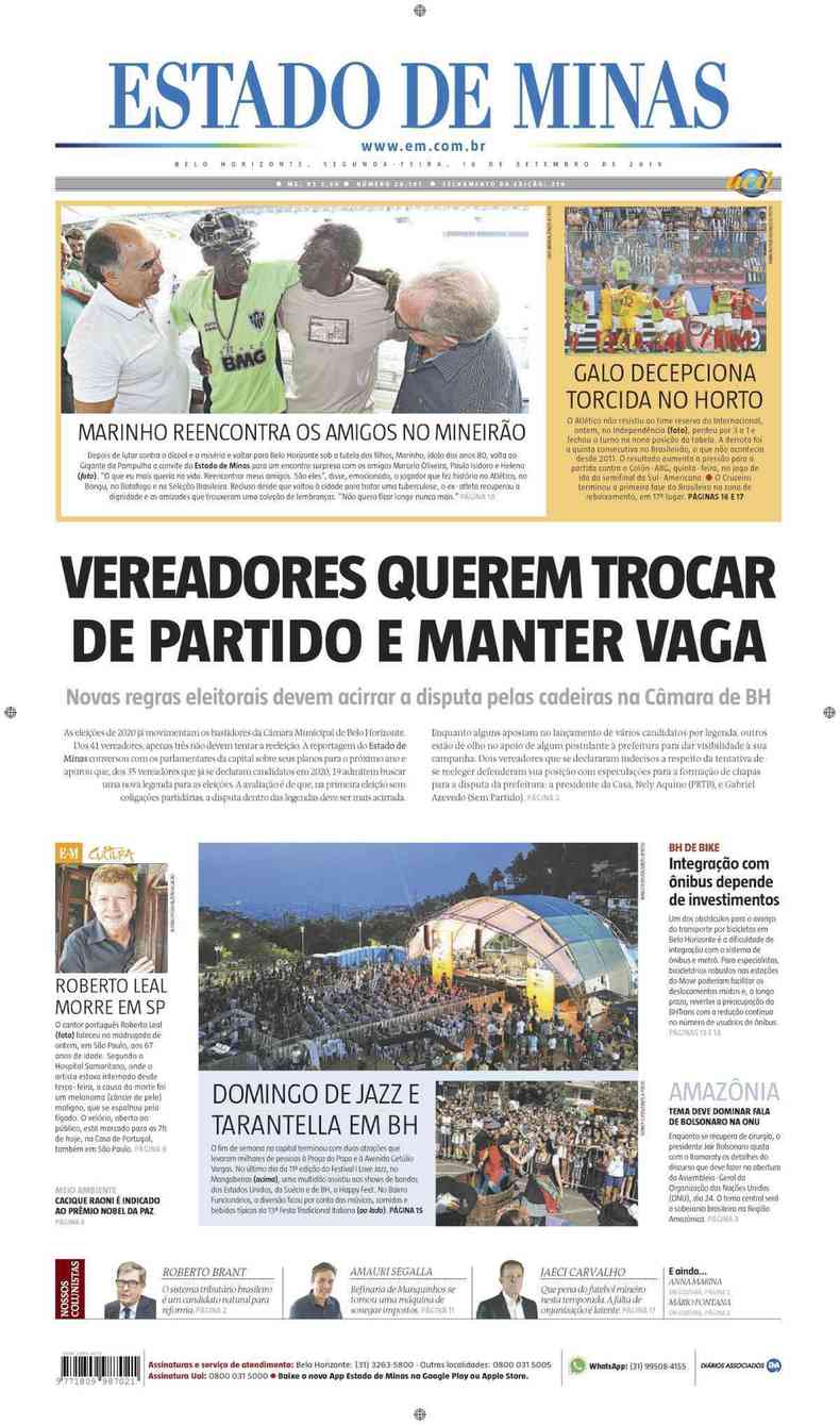 Confira a Capa do Jornal Estado de Minas do dia 16/09/2019(foto: Estado de Minas)