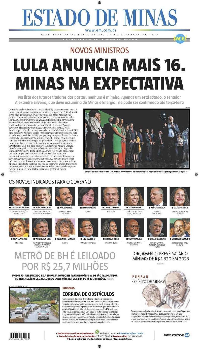 Confira a Capa do Jornal Estado de Minas do dia 23/12/2022